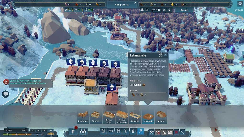 Es gibt bereits Jahreszeiten und der Winter hat sogar Einfluss aufs Gameplay. Hier verlieren wir alle Ressource, die wir nicht lagern können, und müssen unsere Wohnungen mit Kohle heizen.