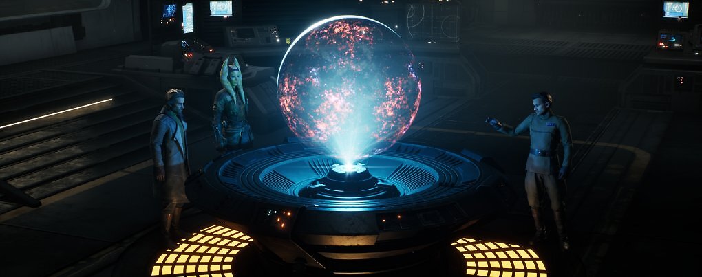 Im Zentrum unserer Operationsbasis steht die große Holokarte der Galaxie, auf der wir unsere nächsten Missionen planen.