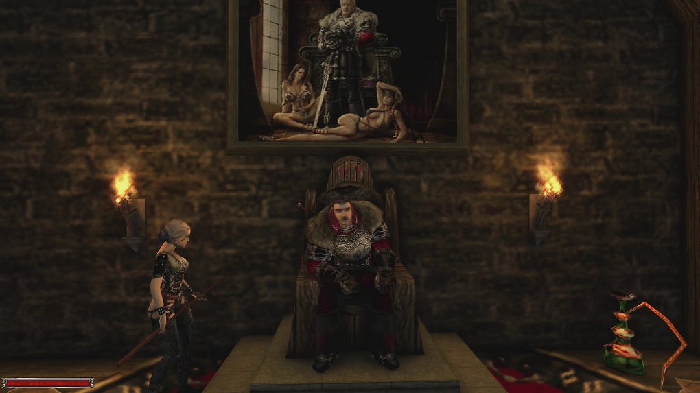 Gomez ist der Anführer des Alten Lagers und häufig in seinem Thronraum in der Burg anzutreffen, wo ihm leicht bekleidete Damen frische Luft zuwedeln.