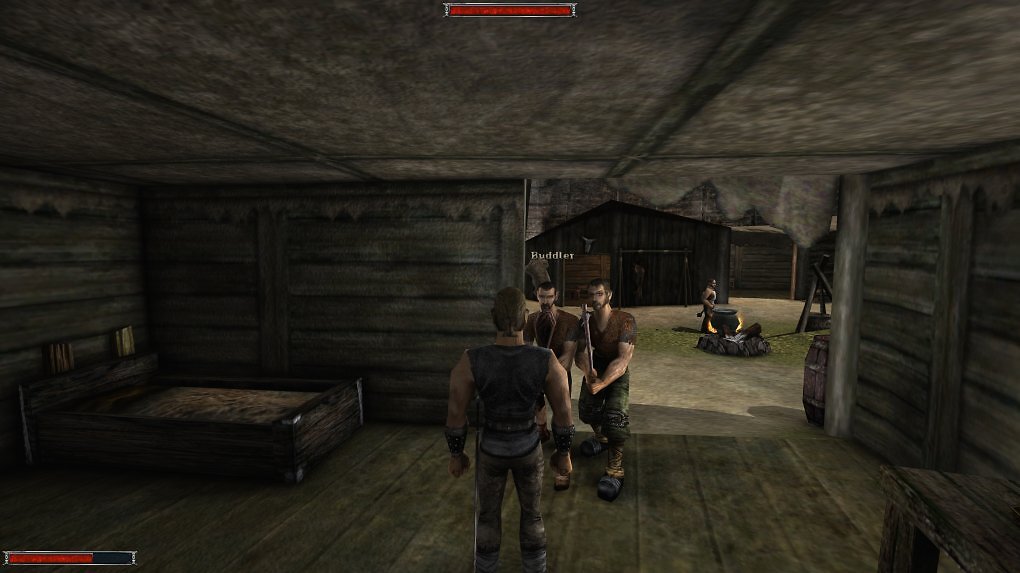 Zwei NPCs stehen vor dem Helden mit gezückter Waffe.