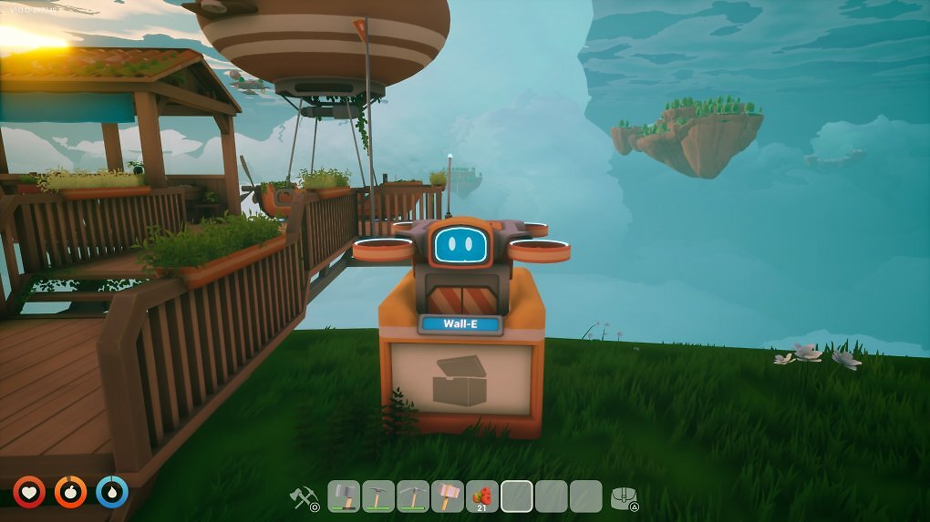 Eine orangefarbene Drohne, die neben einem hölzernen Dock steht. Im Hintergrund liegt ein Luftschiff am Dock.