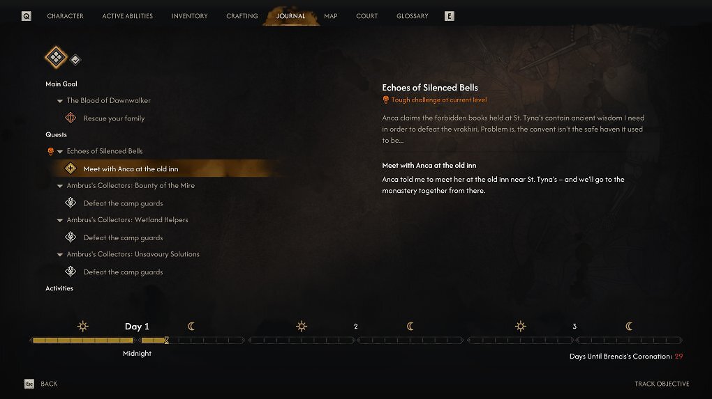 Im Questjournal behalten wir den Überblick über alle Aufträge. Unten seht ihr die Zeitleiste, die durch verschiedene Aktionen wie Quests voranschreitet.