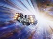 Das Raumschiff fliegt in Lichtgeschwindigkeit durch das Universum
