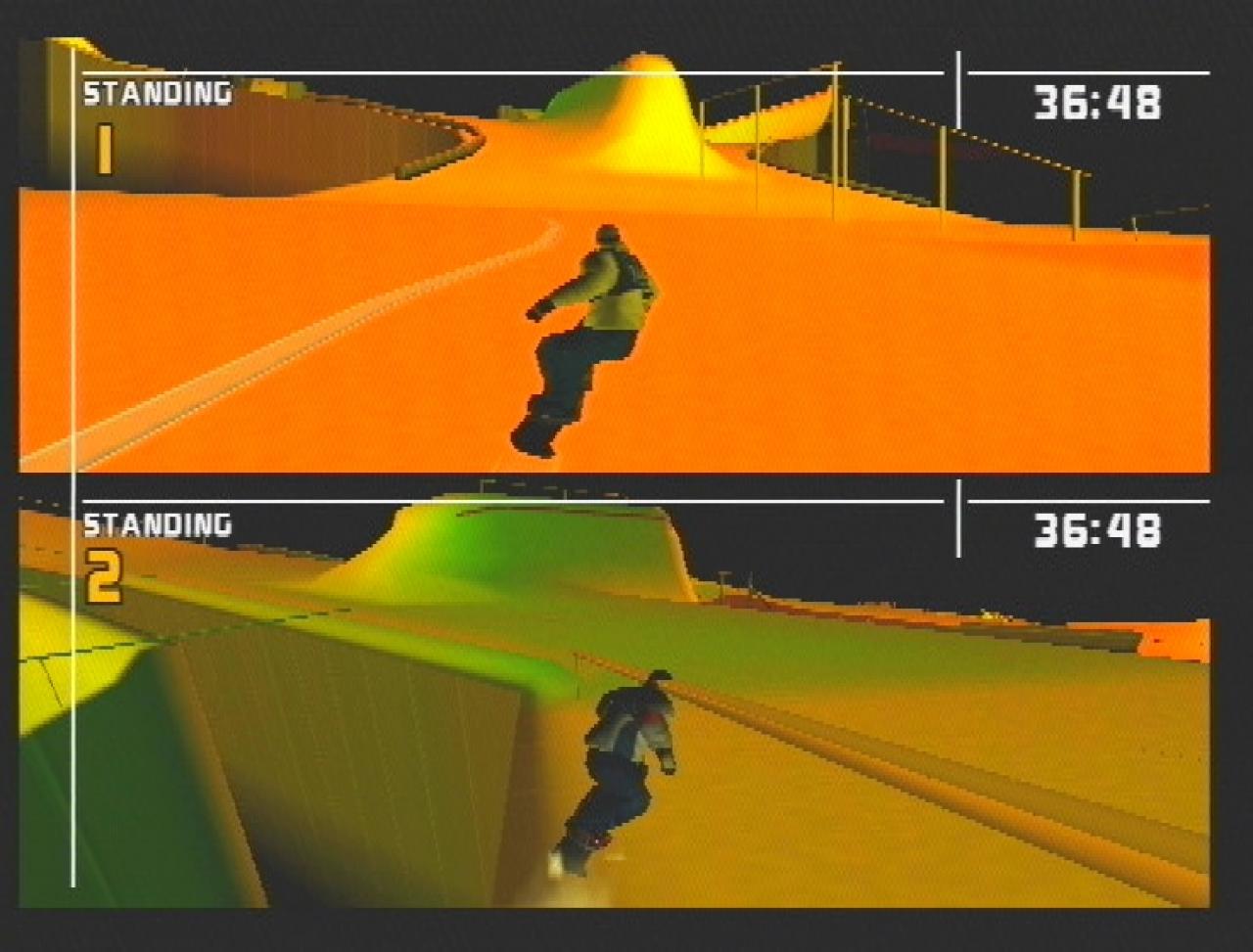 [26/11/2001] Surreal: Auf dem Splitscreen rasen zwei Spieler gegeneinander durch bunt gefärbten Schnee.