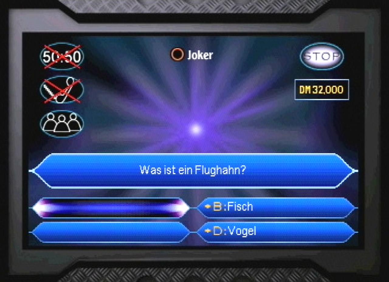 [26/11/2001] Bessere Chancen: Beim 50:50 Joker werden zwei falsche Antworten gestrichen.