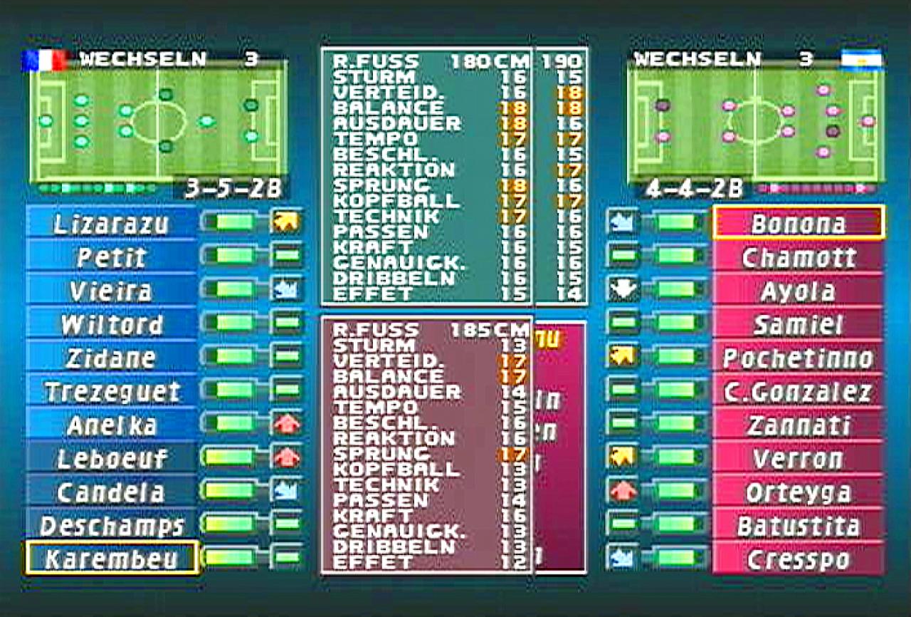[26/11/2001] GEGENÜBERSTELLUNG Bei Auswechslungen können Sie die Fähigkeiten zweier Spieler direkt vergleichen.