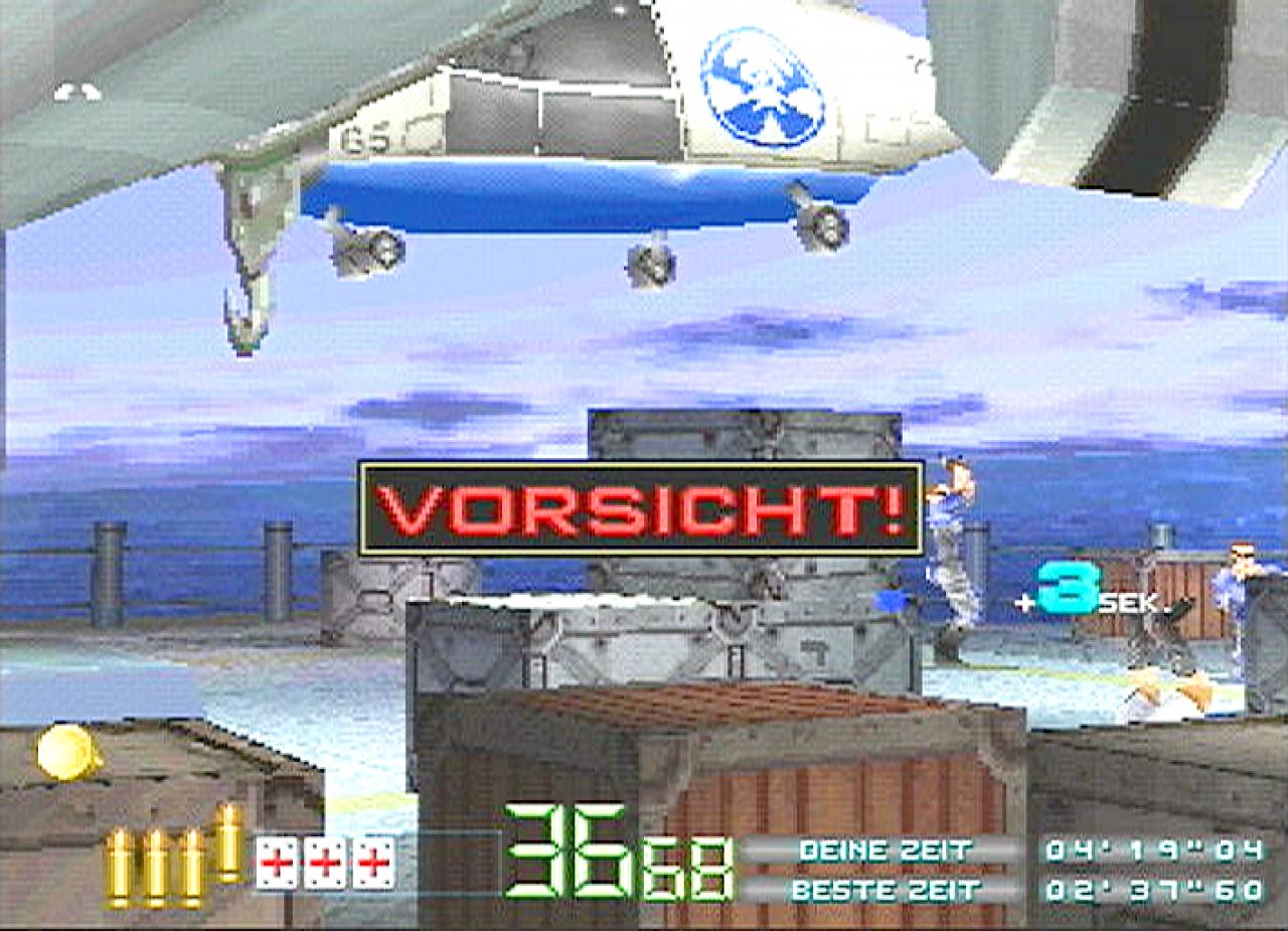 [26/11/2001] Ducken Sie sich, wenn der Hubschrauber ausholt. Treffen Sie einen der braunen Gesellen, gibt es wertvolle Zusatzsekunden.