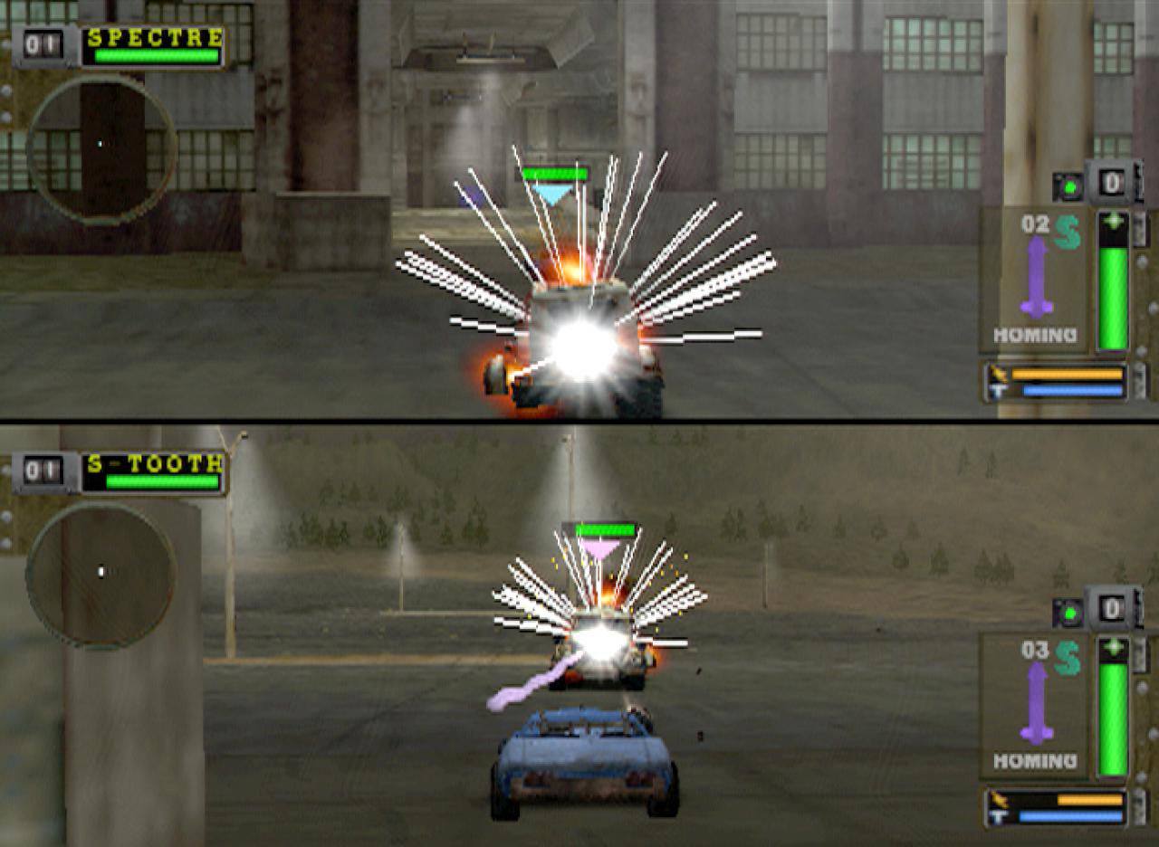 [26/11/2001] Auf dem Splitscreen können Sie Duelle austragen wie einst im Wilden Westen, nur eben motorisiert.