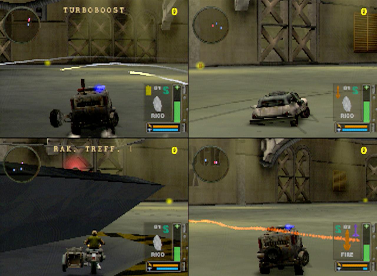[26/11/2001] Bis zu drei menschlicher Gegner können Sie bei Twisted Metal: Black herausfordern. 