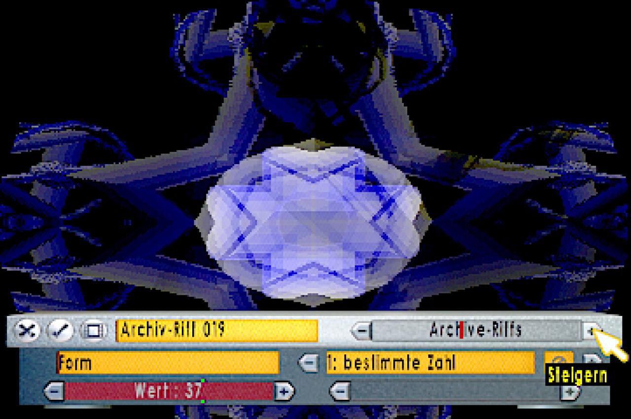 [26/11/2001] Aus einfachen 3D-Objekten werden mittels Verzerrung schrille, pulsierende Farbenmuster.