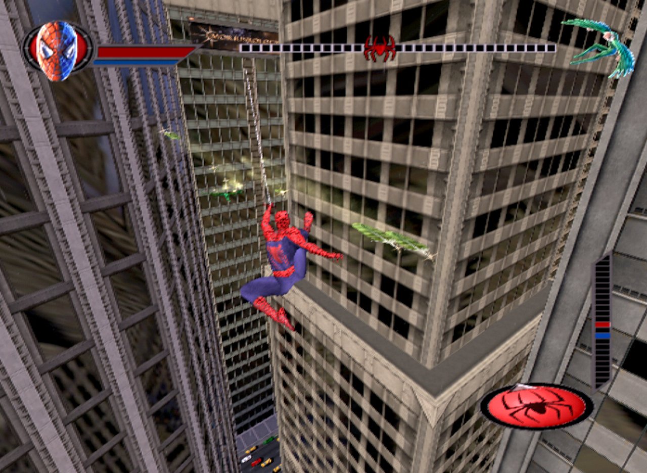 [07/06/2002] Der Geier beschießt Spidey beim Schwingen. 