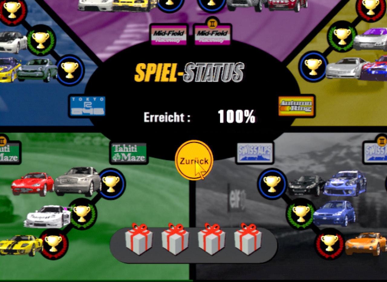 [18/07/2002] Wer 100% erreicht, schaltet 40 Autos und vier Bonus Features frei.