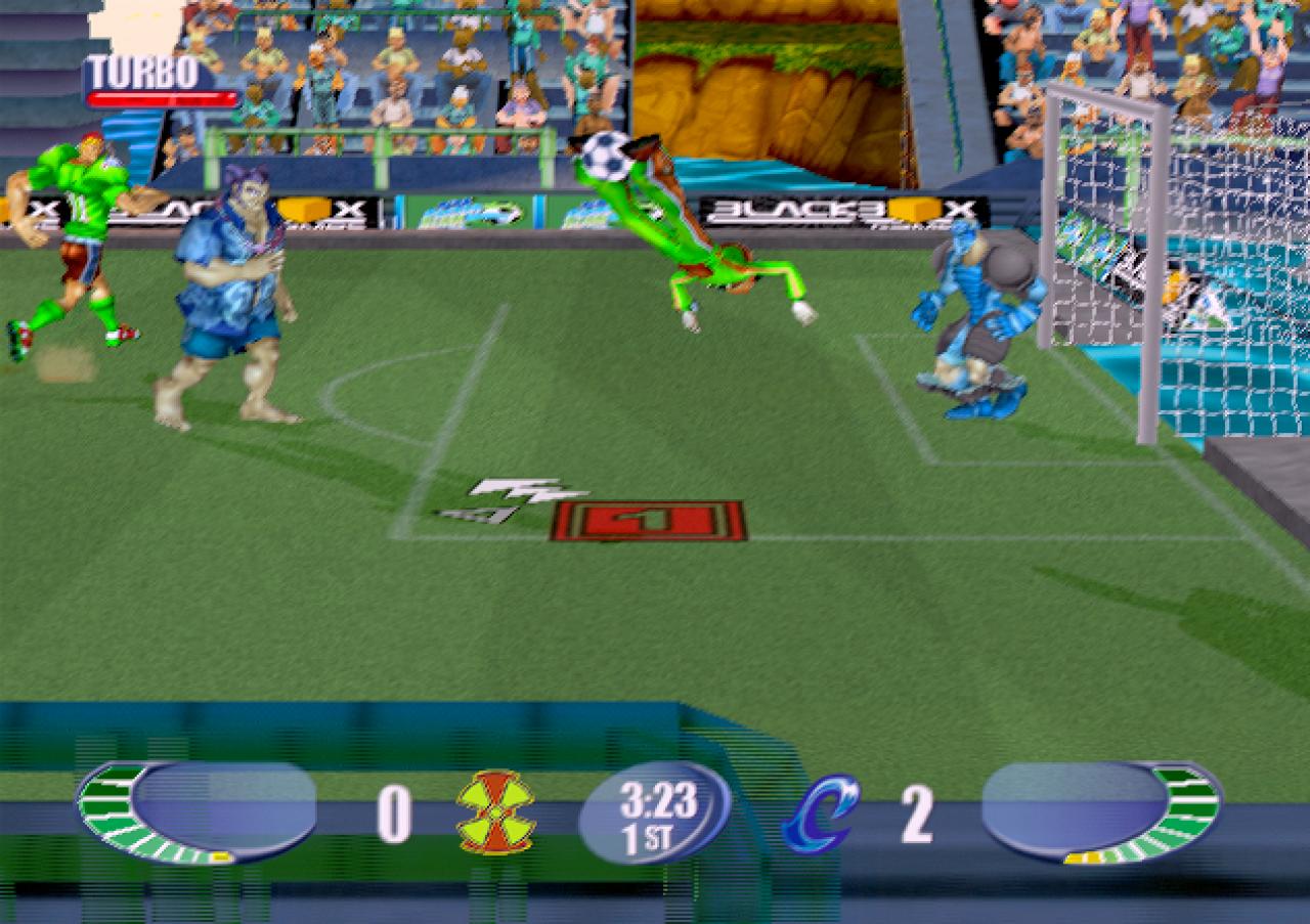 [19/11/2002] Dieser Spieler trickst seinen Gegner mit einem Salto aus.