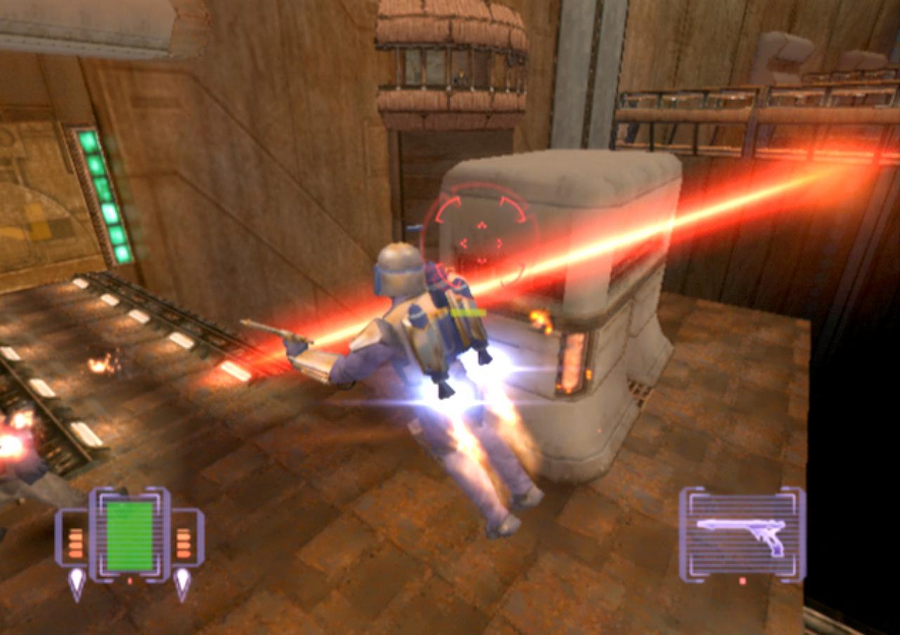 [24/01/2003] Durch den Jetpack konnte Jango diesem Blaster-Strahl entgehen.