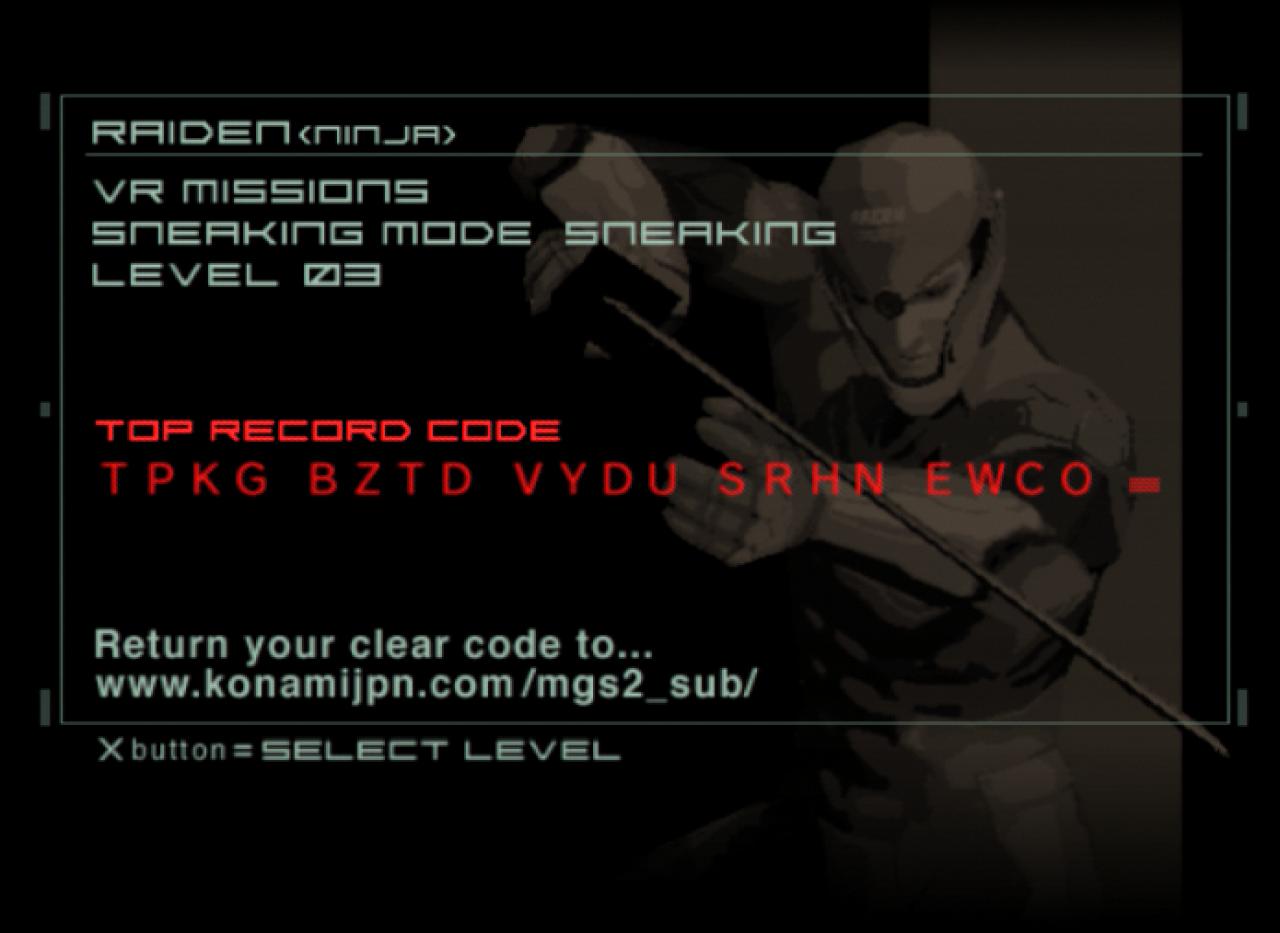 [04/03/2003] Für besonders gute Leistungen in den VR Missions gibt es Codes, mit denen man seine Wertung auf Konamis Homepage veröffentlichen kann.