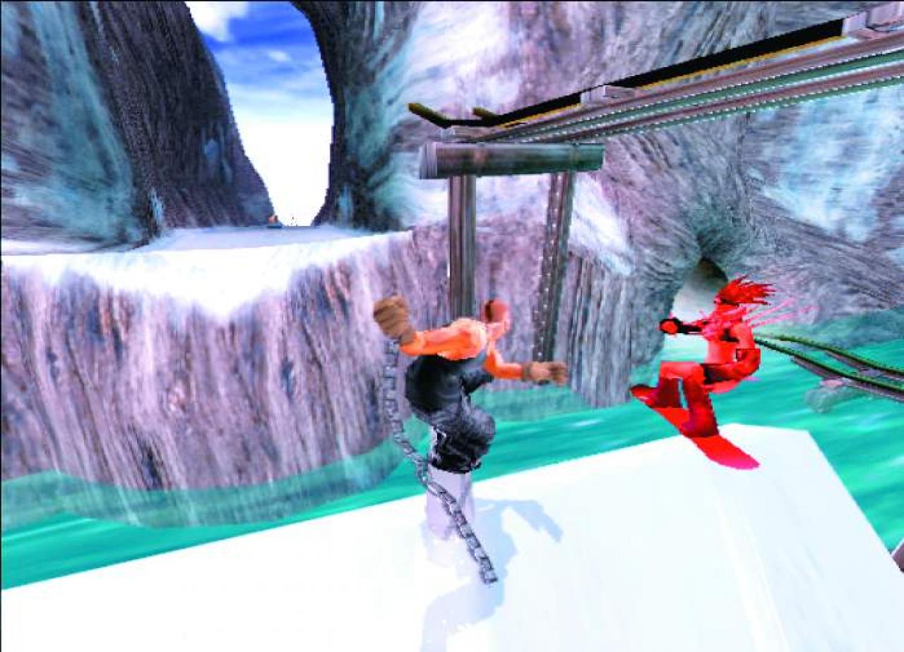 [23/05/2003] Kurz vor dem Abgrund will der Snowboarder mit der Kette zuschlagen.