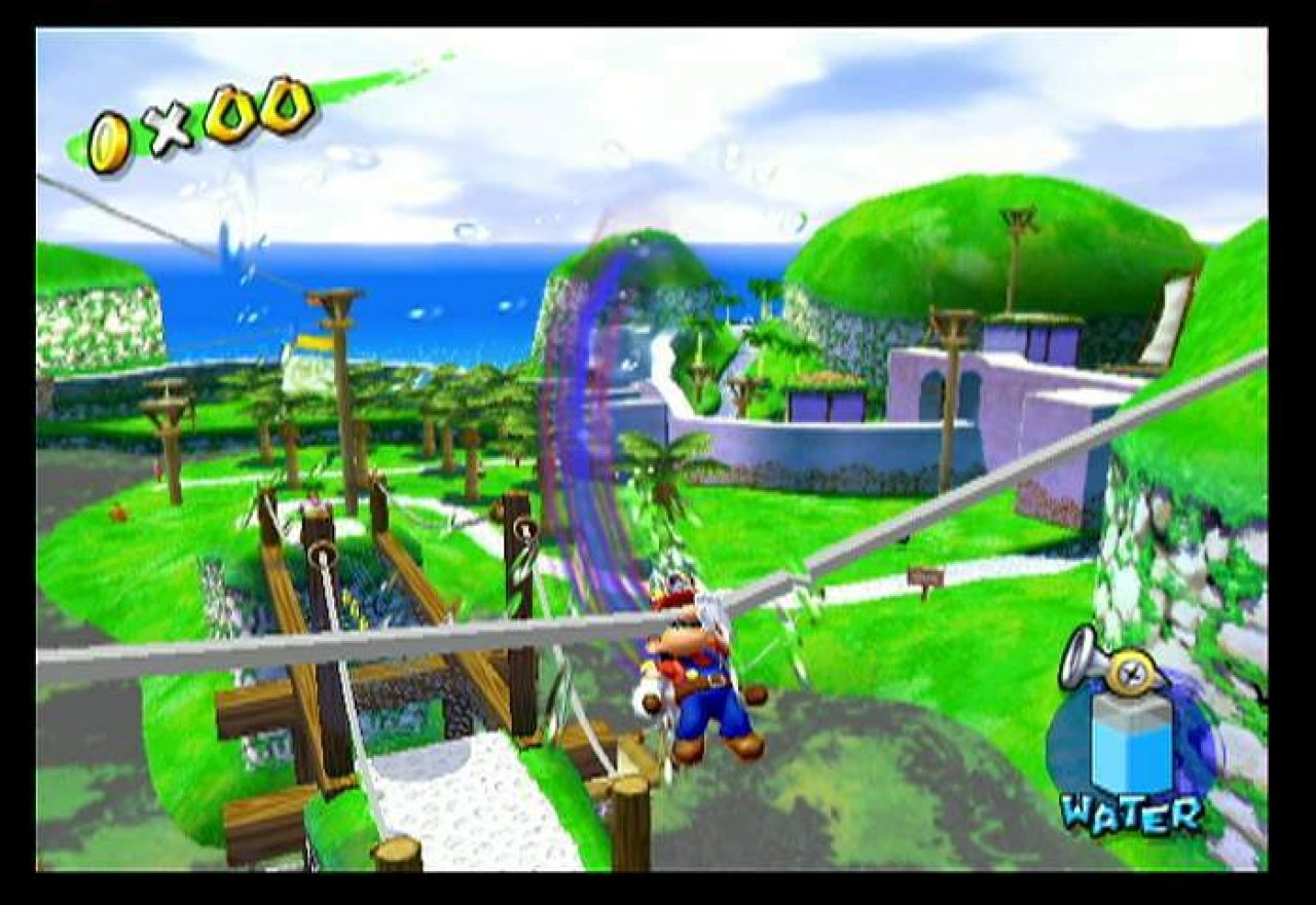 [14/07/2003] Mario kann sich an den Seilen festhalten und sich mit der Kanone zum Drehen bringen.