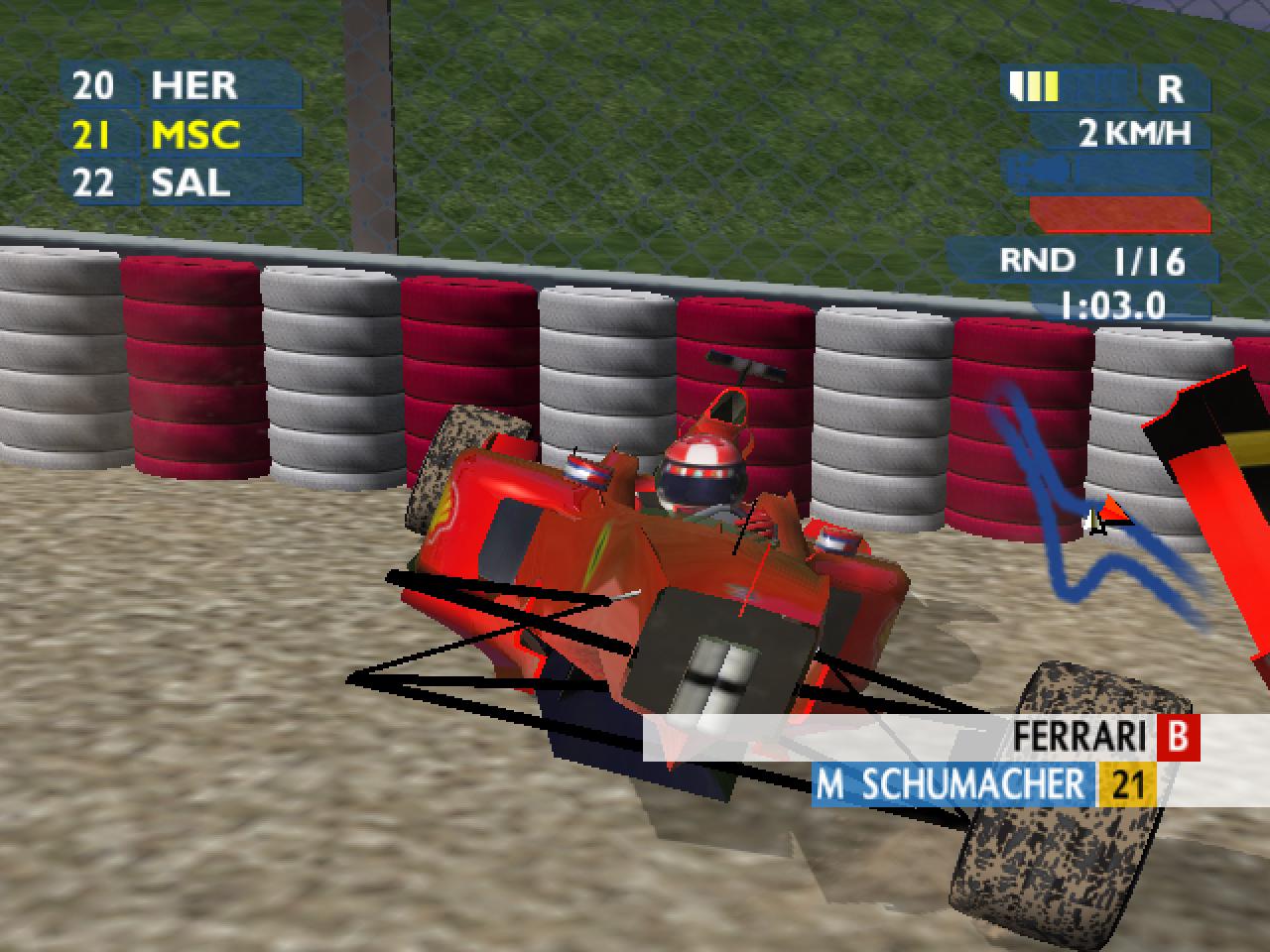 [30/07/2003] Mit diesem demolierten Ferrari wird Michael Schumacher nichts mehr gewinnen.