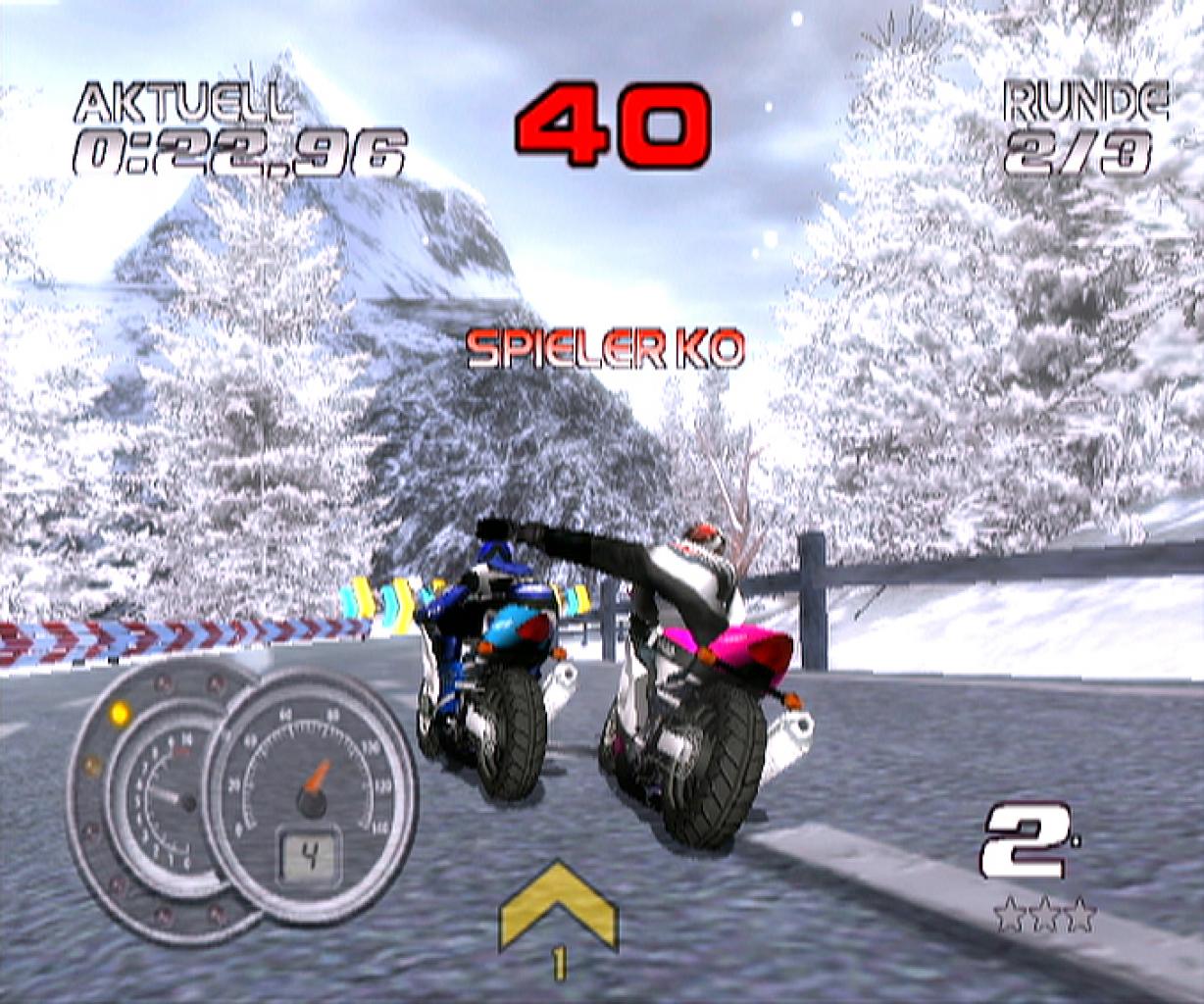 [02/08/2003] Man kann die Gegner per Schlag vom Motorrad holen.