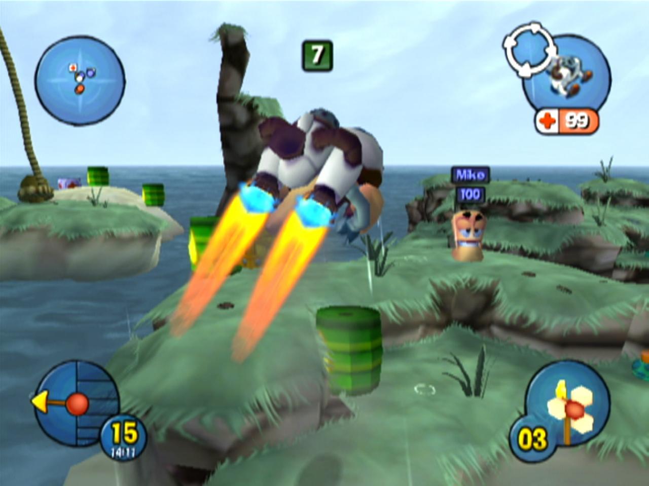 [12/11/2003] Per Jetpack versucht der Wurm, sich eine bessere Position zu erarbeiten.