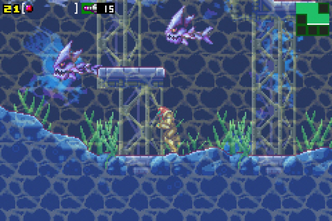 [20/04/2004] Auch unter Wasser muss Samus es mit allerleiUngeziefer aufnehmen. Die Transparenzeffekte sind ausgezeichnet!