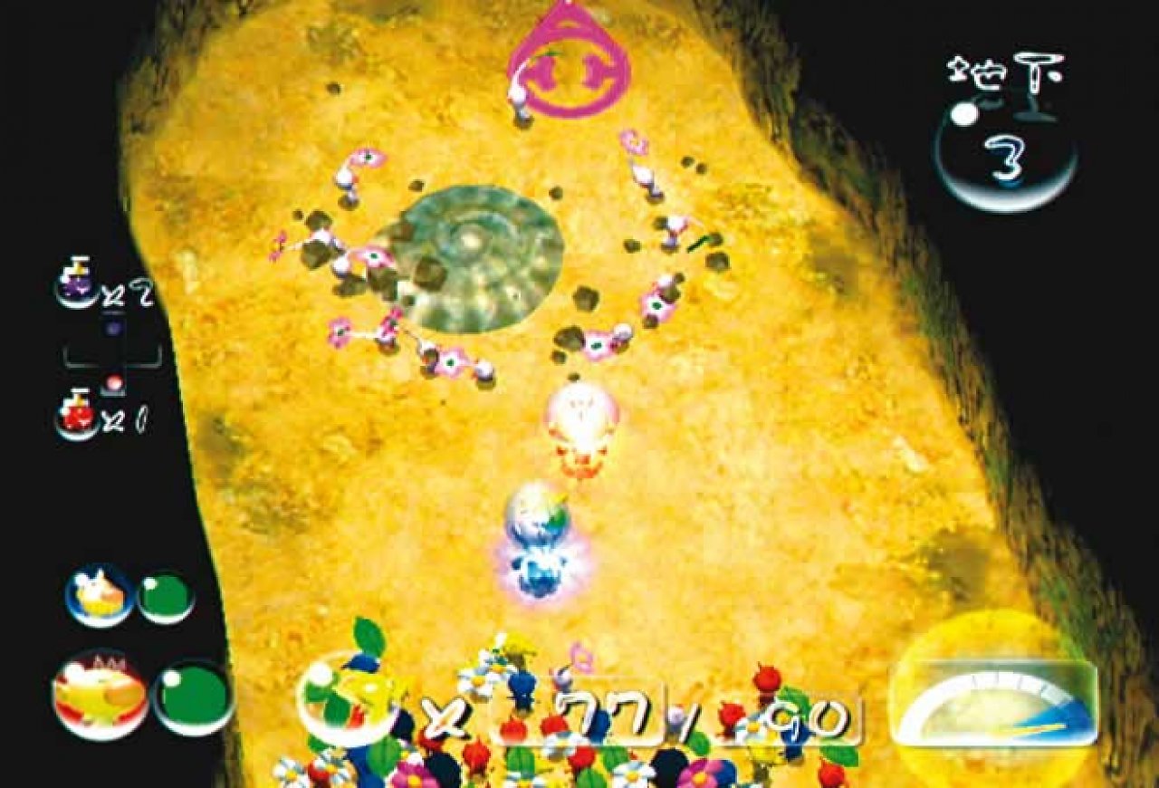[25/06/2004] Die weißen Pikmin fördern Erstaunliches zutage. Die Anzeige rechts unten hilft dabei. 