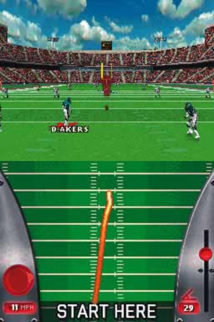 [18/10/2005] Wenigstens bei den Fieldgoals muss man mit dem Touchscreen arbeiten. Richtung und Stärke des Kicks werden eingestellt.