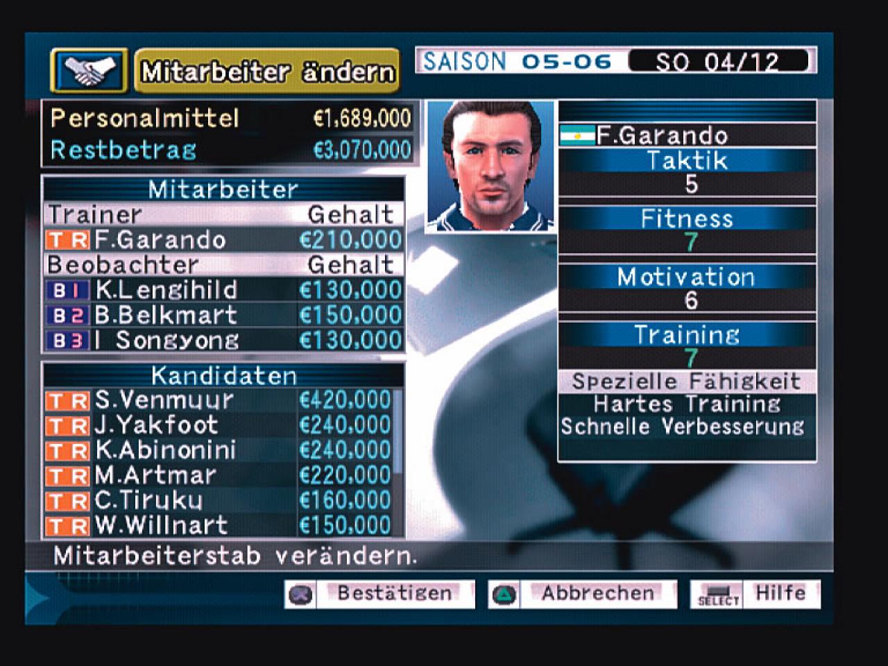 [24/04/2006] In diesem Menü stellen wirCo-Trainer und mehrere Talent-Scouts ein.