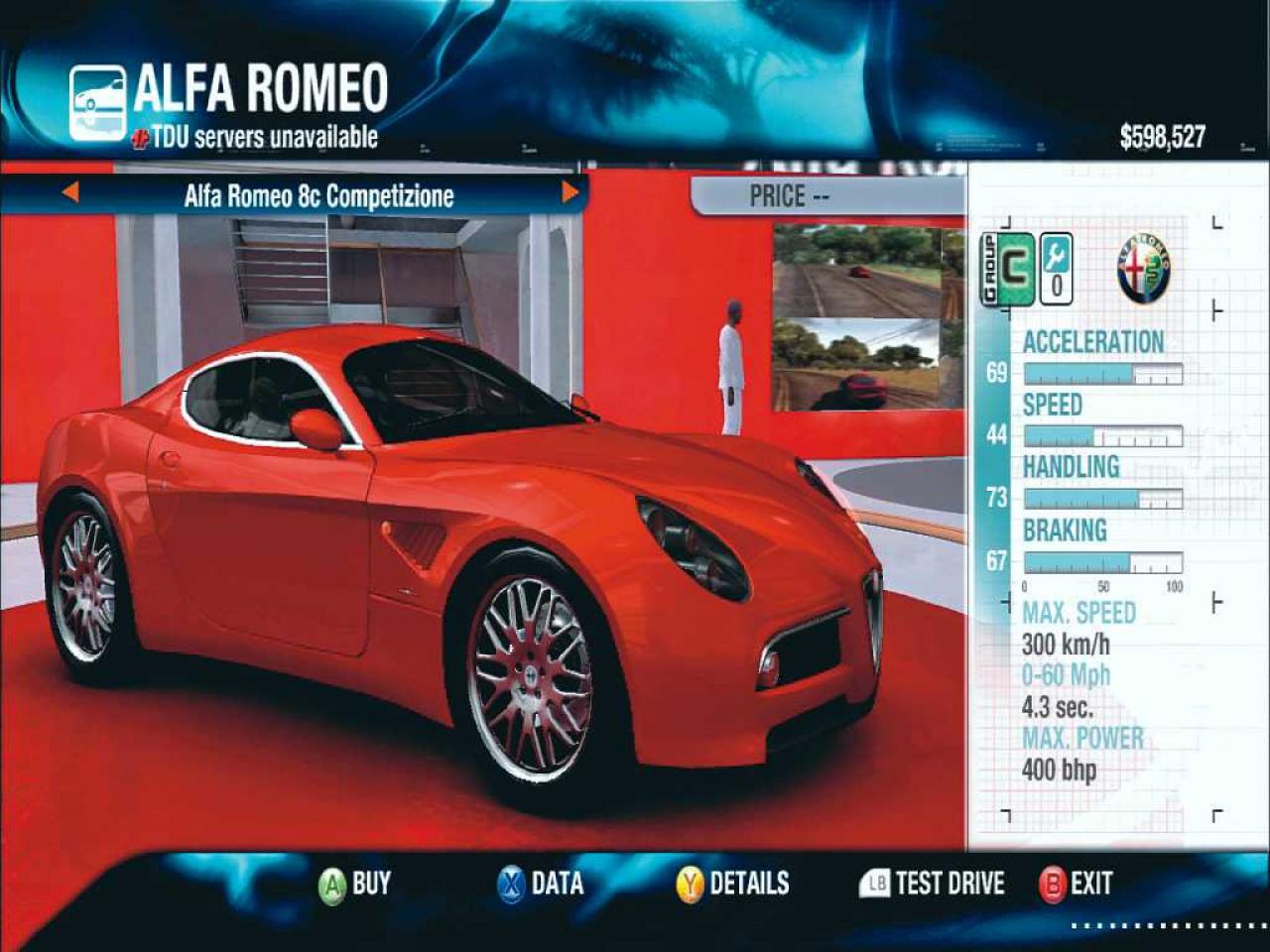 [16/10/2006] Manche Fahrzeuge, etwa dieser Alfa Romeo, können erst nach bestimmten Rennerfolgen erworben werden. BILD: XBOX-ZONE