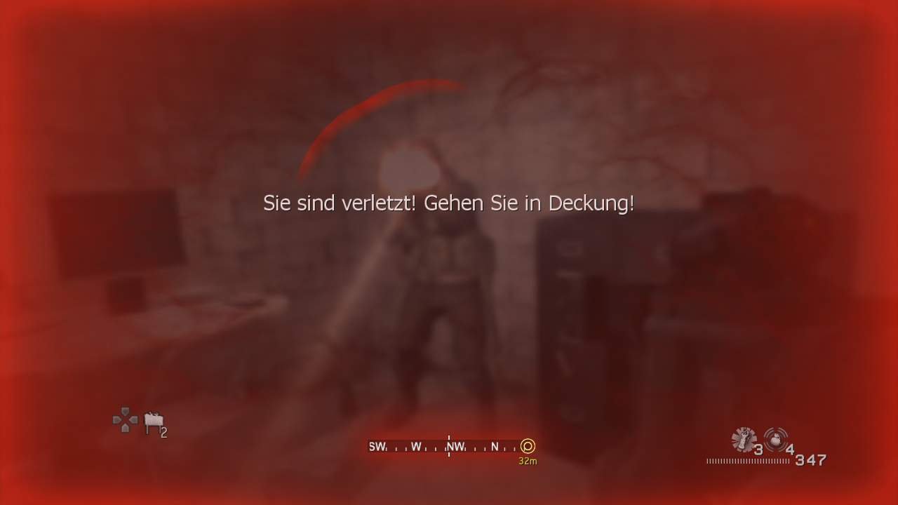 [09/11/2007] MARKENZEICHEN Stecken Sie zu viele Treffer ein, färbt sich auch in Teil 4 der Bildschirm rot. Zeit, für ein paar Sekunden in Deckung zu gehen.