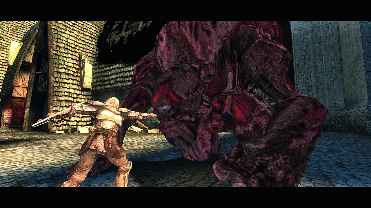 [28/01/2008] Actionspiel Dark Messiah of Might and Magic: Elements: Ein befreundeter Soldat sticht diesem Zyklopen ein Auge aus.