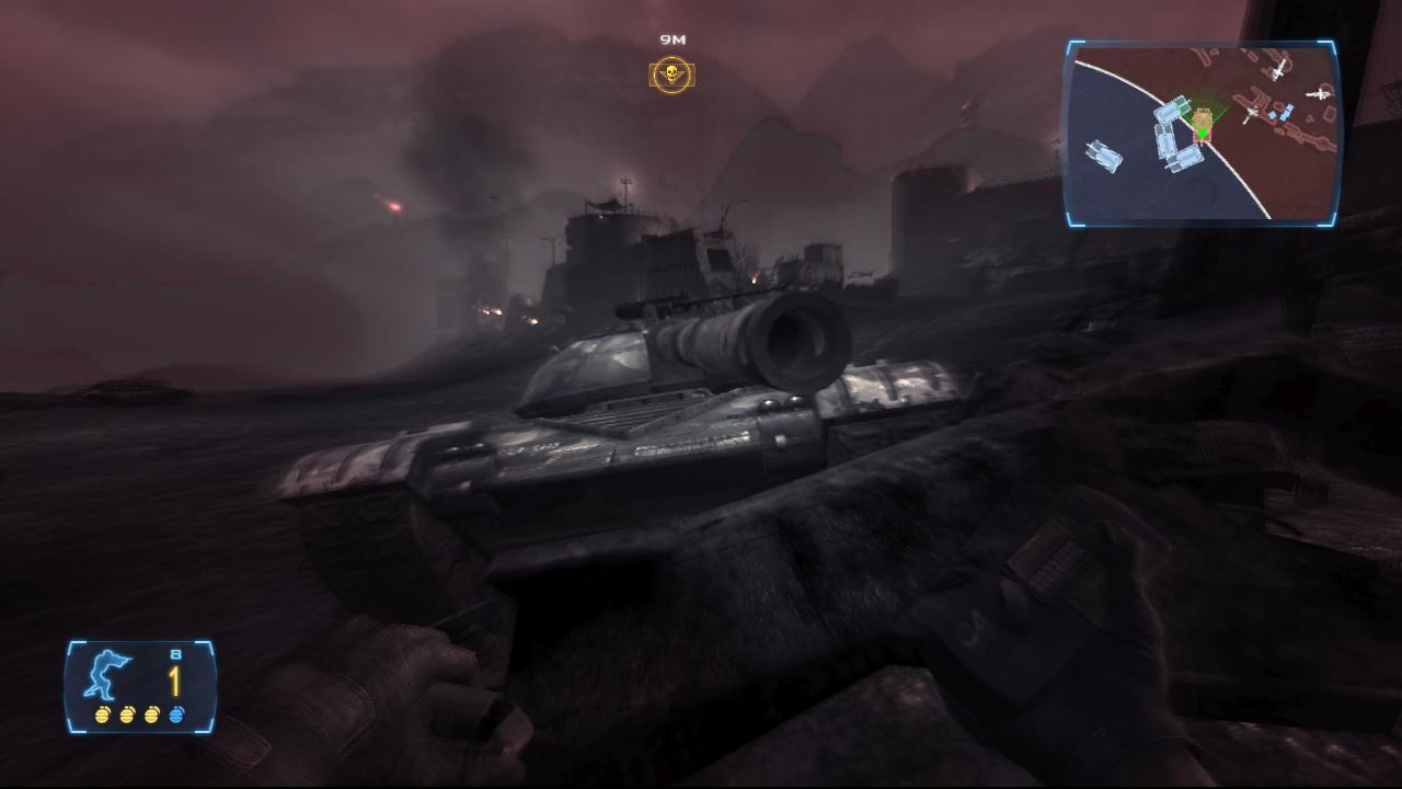 [29/02/2008] Mehrspieler-Shooter Frontlines: Fuel of War: Angeschlagen und mit letzter Kraft versucht der Spieler eine Ladung C4-Sprengstoff neben dem Panzer zur Explosion zu bringen.