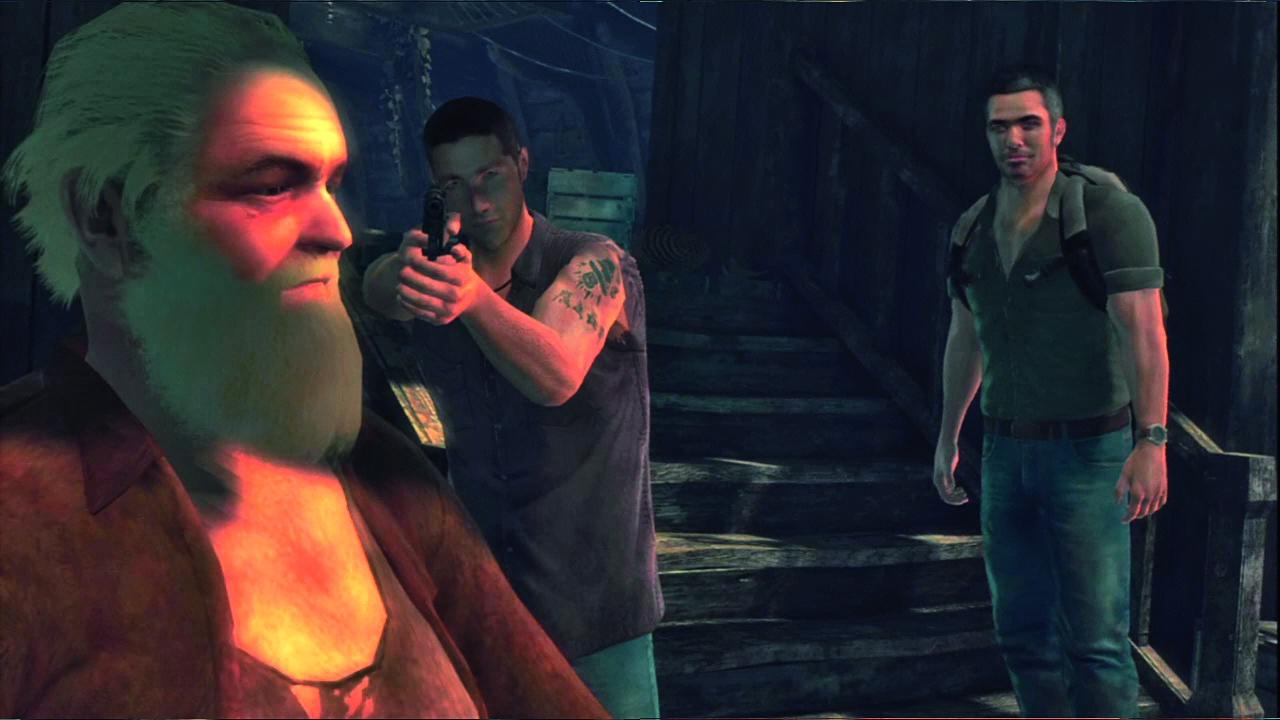 [14/04/2008] Lost: Das Spiel (Via Domus) - Jack bedroht Tom, während im Hintergrund der Spieler zu sehen ist. Eine gewisse Ähnlichkeit zu George Clooney lässt sich nicht verleugnen.
