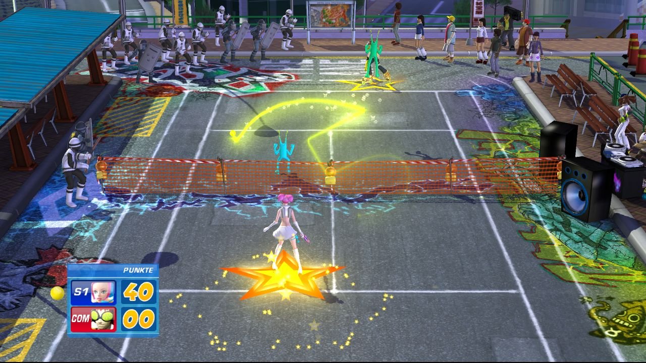 [16/04/2008] Xbox 360 - Sega Superstars Tennis - Der gelbe Schweif zeigt die Flugbahn des Balles während eines Spezialschlages an.