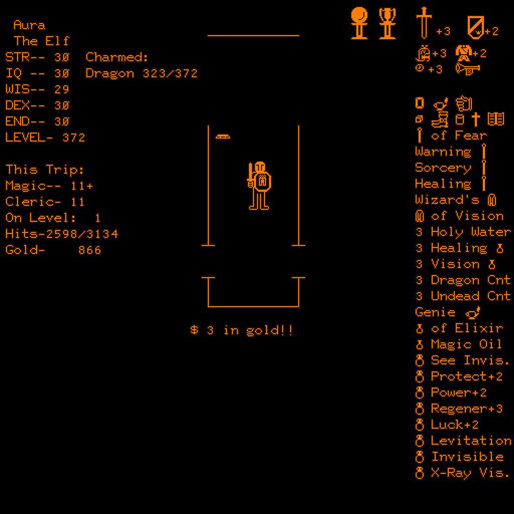 [09/05/2008] (1975) DND (The Game of Dungeons) bot als eines der ältesten Rollenspiele der Videospielhistorie bereits ein funktionsfähiges Inventar. Gegenstände wurden nicht nur als Text, sondern auch als Symbol auf dem Bildschirm angezeigt (siehe Bild). 