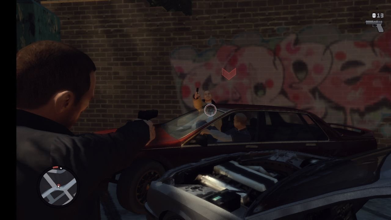 [07/05/2008] OXM - Xbox 360 - Grand Theft Auto IV: In Ballereien blickt ihr der Spielfigur nun über die Schulter und bewegt mit dem rechten Ministick das Fadenkreuz.