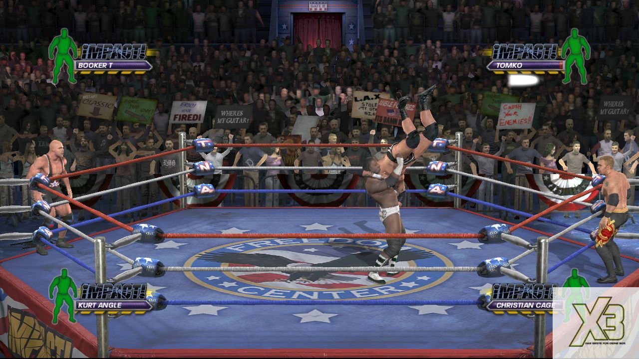 [08/09/2008] X3 - Xbox 360 - TNA iMPACT! - Bei Tag-Team-Matches zoomt die Kamera, sodass alle Kontrahenten zu sehen sind.