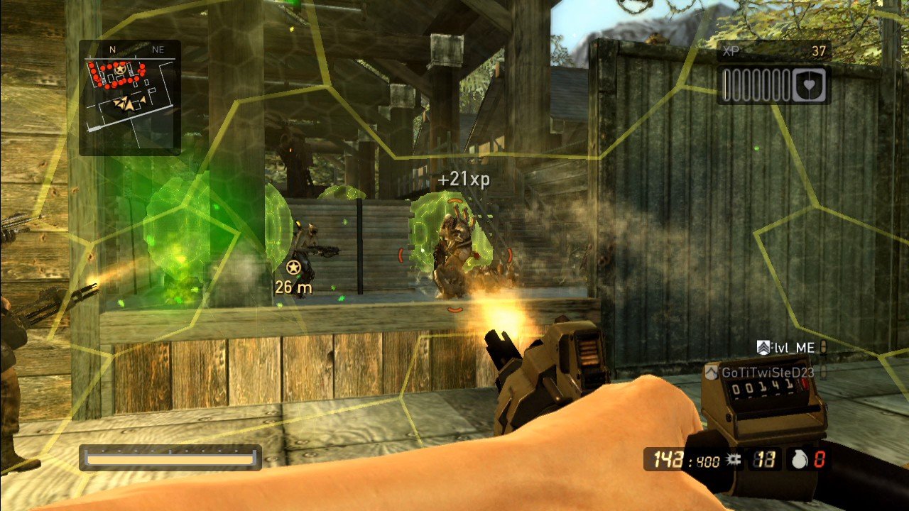 [28/10/2008] Resistance 2 Beta: Der Soldat hinter seinem Schild. Unverwundbar (aus der Richung) und brandgefährlich. Schade, dass er dauernd Munition braucht.