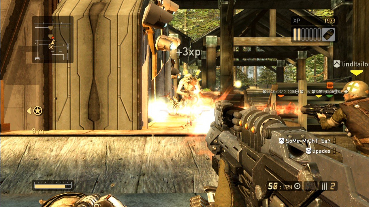 [28/10/2008] Resistance 2 Beta: Diese Knarre hat eine tolle Zusatzfunktion. Trefft ihr einen Gegner mit einem Marker, könnt ihr ihn danach auch um die Ecke erwischen. Eure Kugeln finden ihn!
