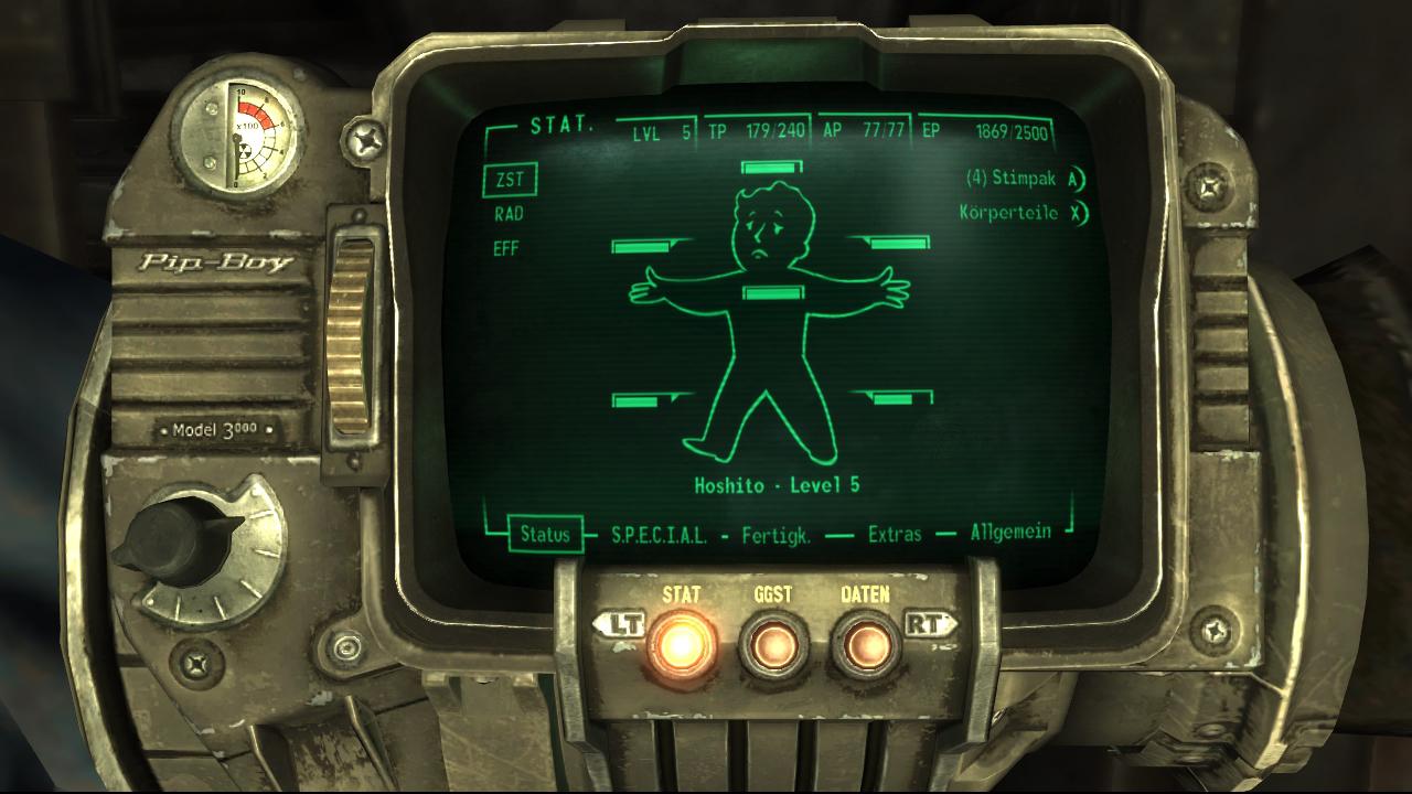 [05/11/2008] Handheld: Der PIP-Boy ist euer Inventar, Statusbericht, Landkarte und Logbuch in einem. Auf diesem Bildschirm heilt ihr zum Beispiel einzelne Körperregionen. (BILD: Bethesda)