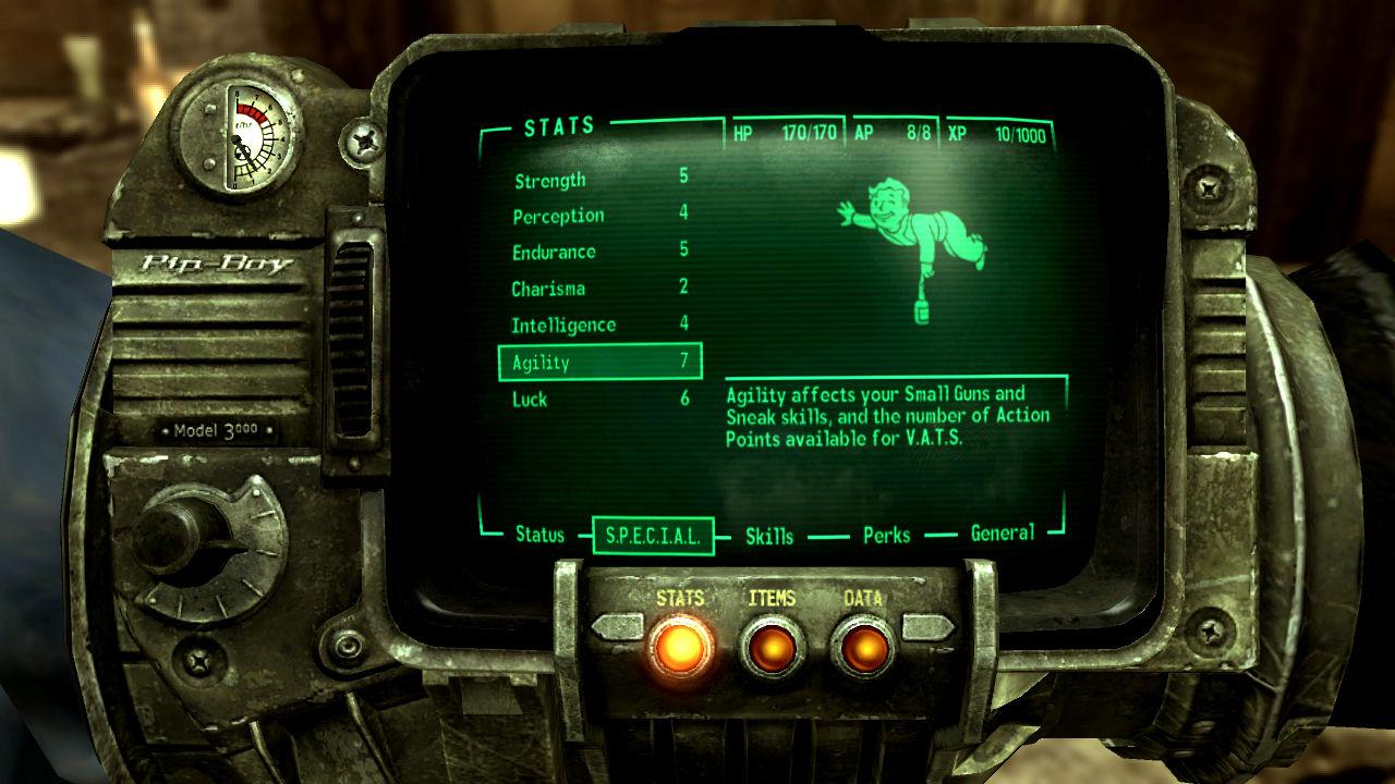 [13/11/2008] Der Pip Boy 3000 aus Fallout. Der kleine Allzweck-Computer, den man am Arm befestigt, ist vergleichbar mit einem Smartphone. Es zeigt Routen, zahlreiche Informationen und dient als Datenbank und Tagebuch. Der Unterschied zum Smartphone: der Pip Boy ist viel cooler.