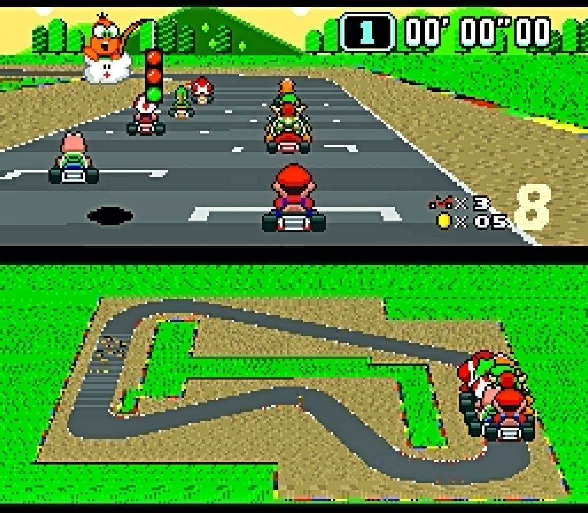 [17/12/2008] Super Mario Kart (1993)Fünf Monate später als in Japan erscheint der Party-Kracher auch in Deutschland. Super Mario Kart ist an sich ein simples Rennvergnügen, bei dem der Spieler seine Gegner nicht nur durch Können beeindruckt, sondern auch durch allerlei fiese Extras. Das Besondere ist allerdings der Mehrspieler-Modus, bei dem ihr eure Kumpels nach Strich und Faden fertigmachen dürfen. Für die 3D-Grafik spendierte Nintendo dem Modul sogar einen Zusatzprozessor.