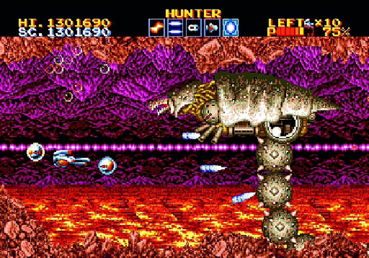 [17/12/2008] Thunder Force 4 (1992)Ein Raumschiff, das zu einem Heavy-Metal-Gitarrenriff vor einem Thunder Force-Schriftzug entlangfliegt: Nach dieser Intro-Sequenz ist es mit der Beschaulichkeit vorbei, denn das Weltraum-Ballerspiel ist sauschwer. Allerdings auch saugut. Wer nach den acht Levels noch nicht genug hat, sollte auch Genre-Kollegen wie Hellfire oder Gleylancer probieren; wer Vertikal-Shooter lieber mag, spielt unbedingt Musha Aleste.