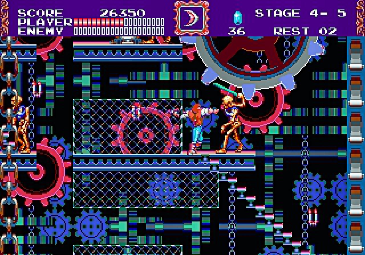 [17/12/2008] Castlevania: The New Generation (1994)Hättet ihr gewusst, dass der Erste Weltkrieg nur angezettelt wurde, damit Draculas Nichte Seelen für die Erweckung ihres berühmten Vampir-Onkels bekommt? Zum Glück ist das Spiel weniger behämmert als seine Hintergrundgeschichte. The New Generation (in Japan als Vampire Killer und in den Vereinigten Staaten als Bloodlines bekannt) glänzt mit erstklassigen Hüpfeinlagen. Das Horror-Am­biente ist in der europäischen Version leicht entschäft.