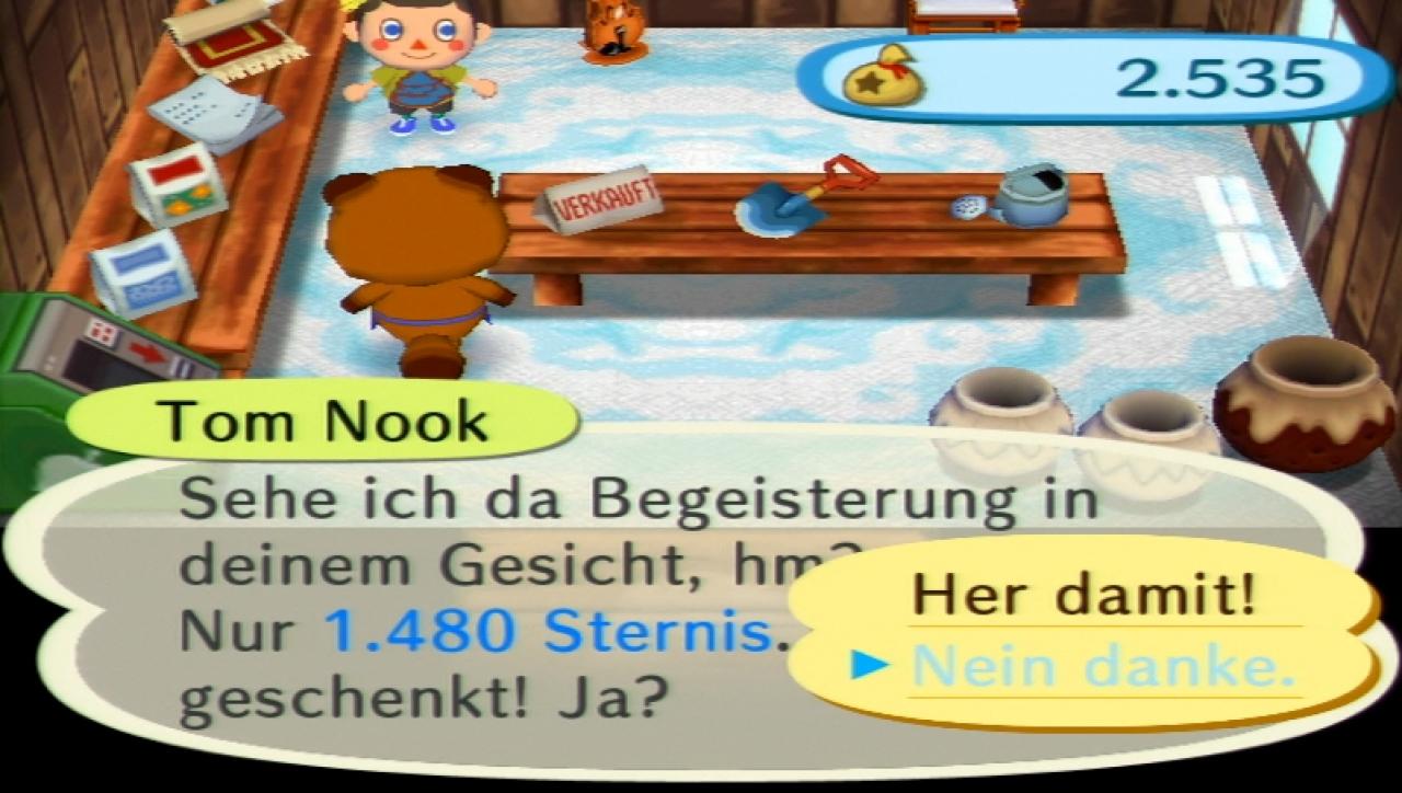 [11/12/2008] Animal Crossing Wii - TOMS HÜTTE Beim Waschbären Nook gibt’s allerhand Krimskrams zu fairen Preisen. Sagt jedenfalls er. (BILD: N-ZONE)