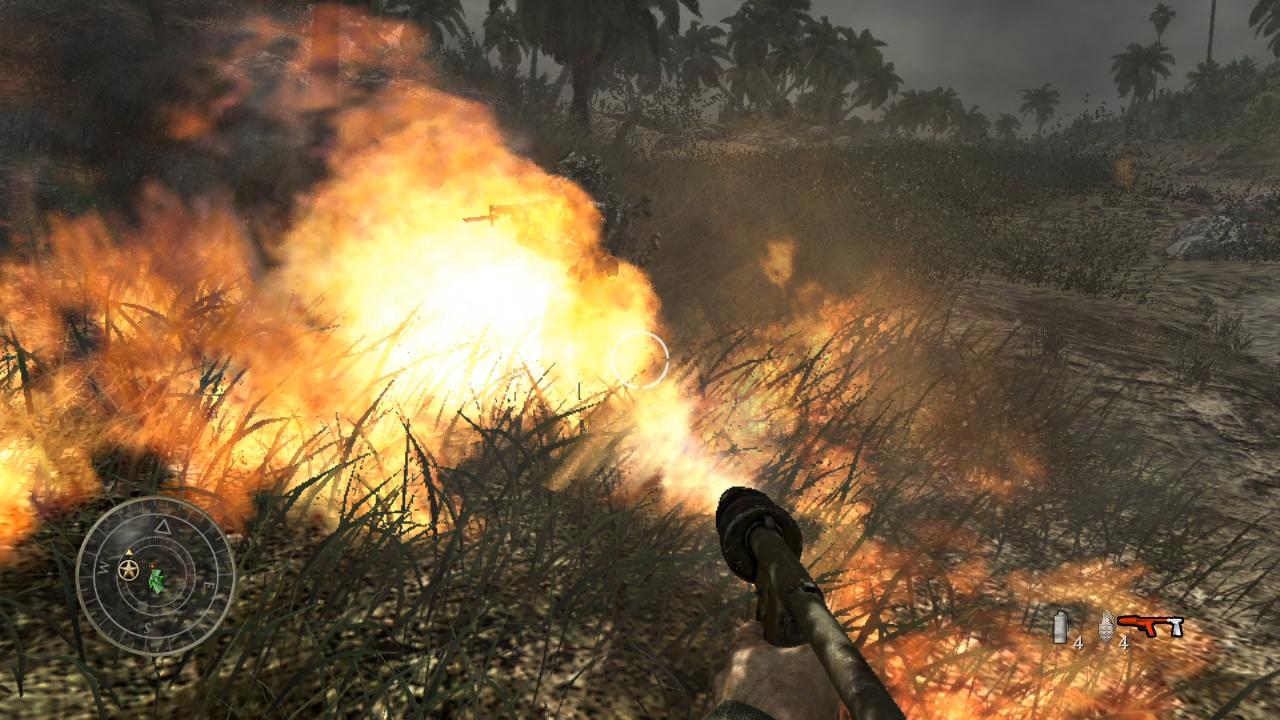 [10/12/2008] Call of Duty 5 - Heiße Luft: Mit dem Flammenwerfer könnt ihr versteckte Gegner ausräuchern. (BILD: play³)