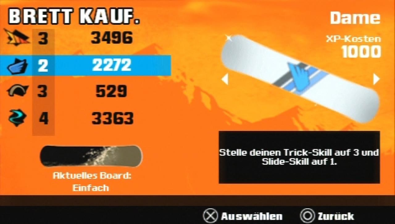 [11/12/2008] Shaun White Snowboarding für PSP - Trade for Skill: Für Erfahrungspunkte steigert ihr entweder eure Skills oder kauft Boards. (BILD: play³)