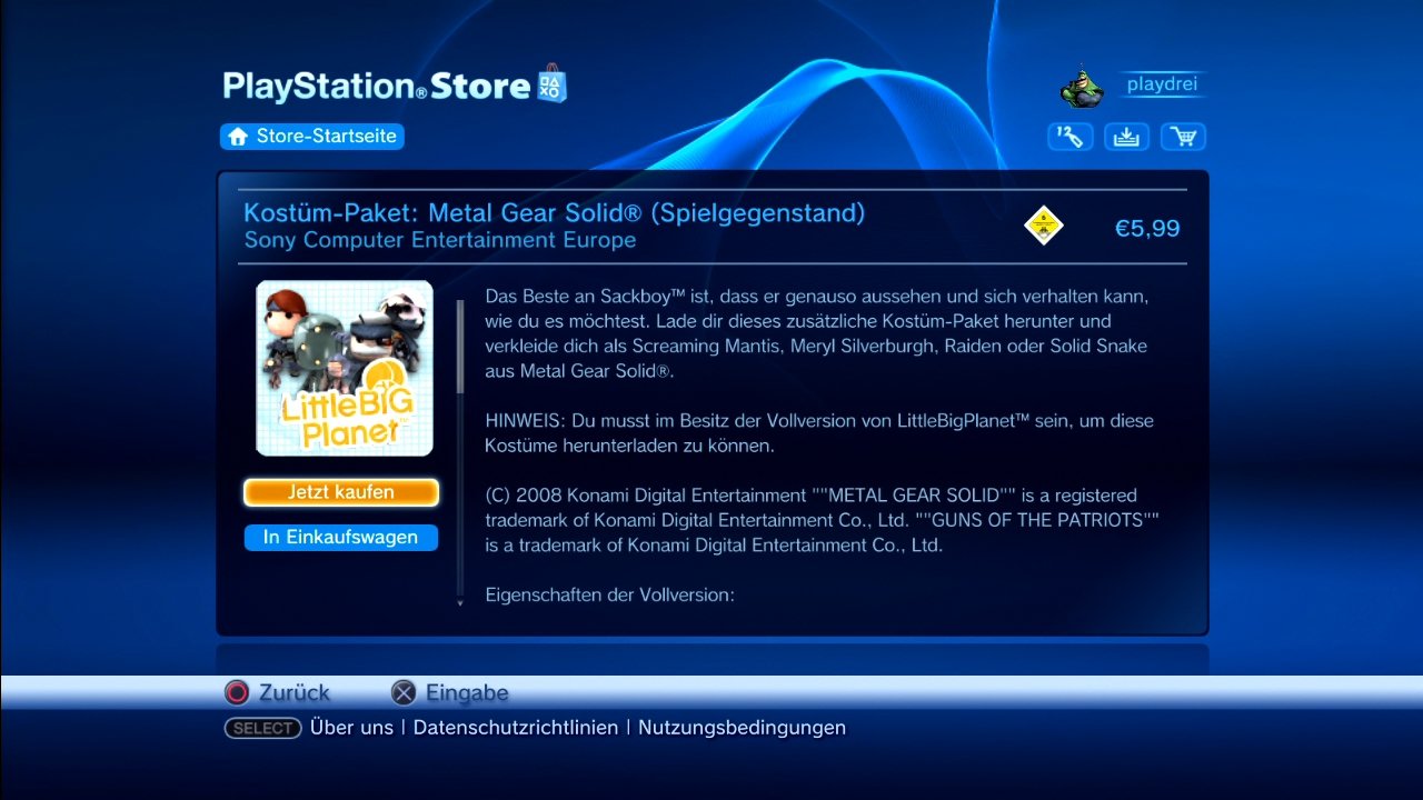 [28/04/2009] Maskenball, die Erste: Vier neue Sackboy-Varianten für knapp 6 Euro sind nicht unbedingt ein Schnäppchen. Nur für hartgesottene MGS-Fans …