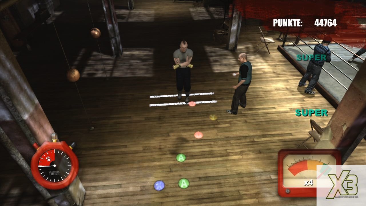 [03/04/2009] Xbox 360 - Don King Boxing - Guitar-Hero-Boxing? Drückt beim Seilspringen die angezeigten Tasten, wenn diese die Markierung berühren.