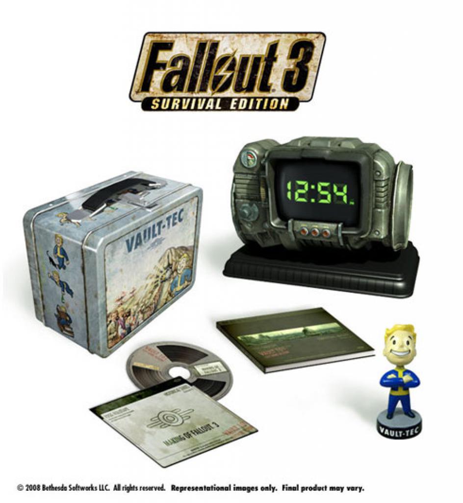 [15/07/2009] Fallout 3 - Survival und Limited Edition - Schon die coole Lunch-Box sowie die Wackelpuppe waren ihr Geld wert. In den USA gab es obendrein noch die Survival Edition mit einem Pipboy-Wecker. Unser Nerdherz schlug unfassbar hoch damals.